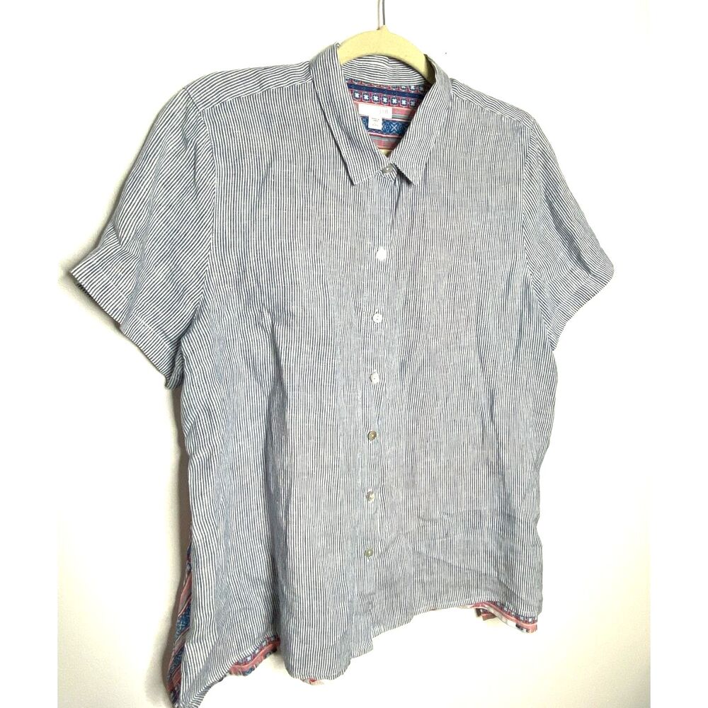J Jill Linen Blue White Striped Short Cap Sleeve Button Down Floral Back Top LP - Picture 10 of 12